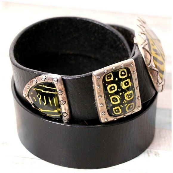 VINTAGE BLACK GENUINE LEATHER 1.25"Wd HOOK BUCKLE CASUAL WOMEN'S BELT Sz M (G74 - Picture 6 of 12